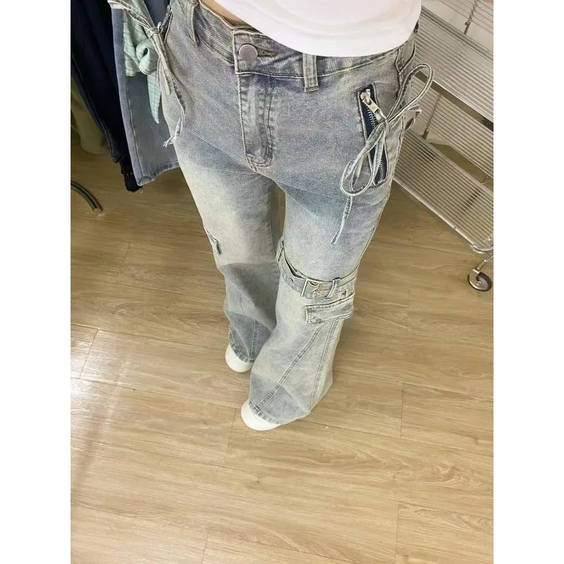 Women American Vintage Flare Jeans Spring Summer Design Slim Fit Drawstring Spliced Cargo Straight Denim Pants
