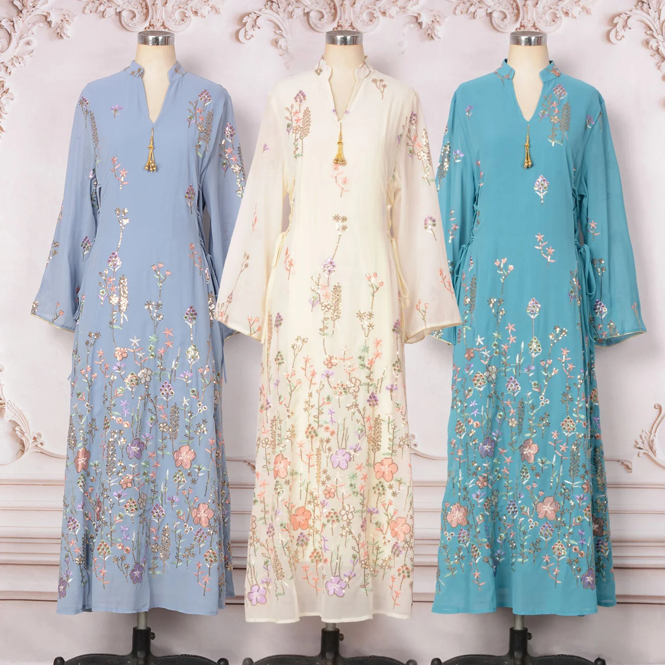 

Summer Sweet Flower Embroidered Jellabiya Arabic Dress, Lace Up Sides Feminine Party Evening Ramadan Muslim Women Abaya Dress
