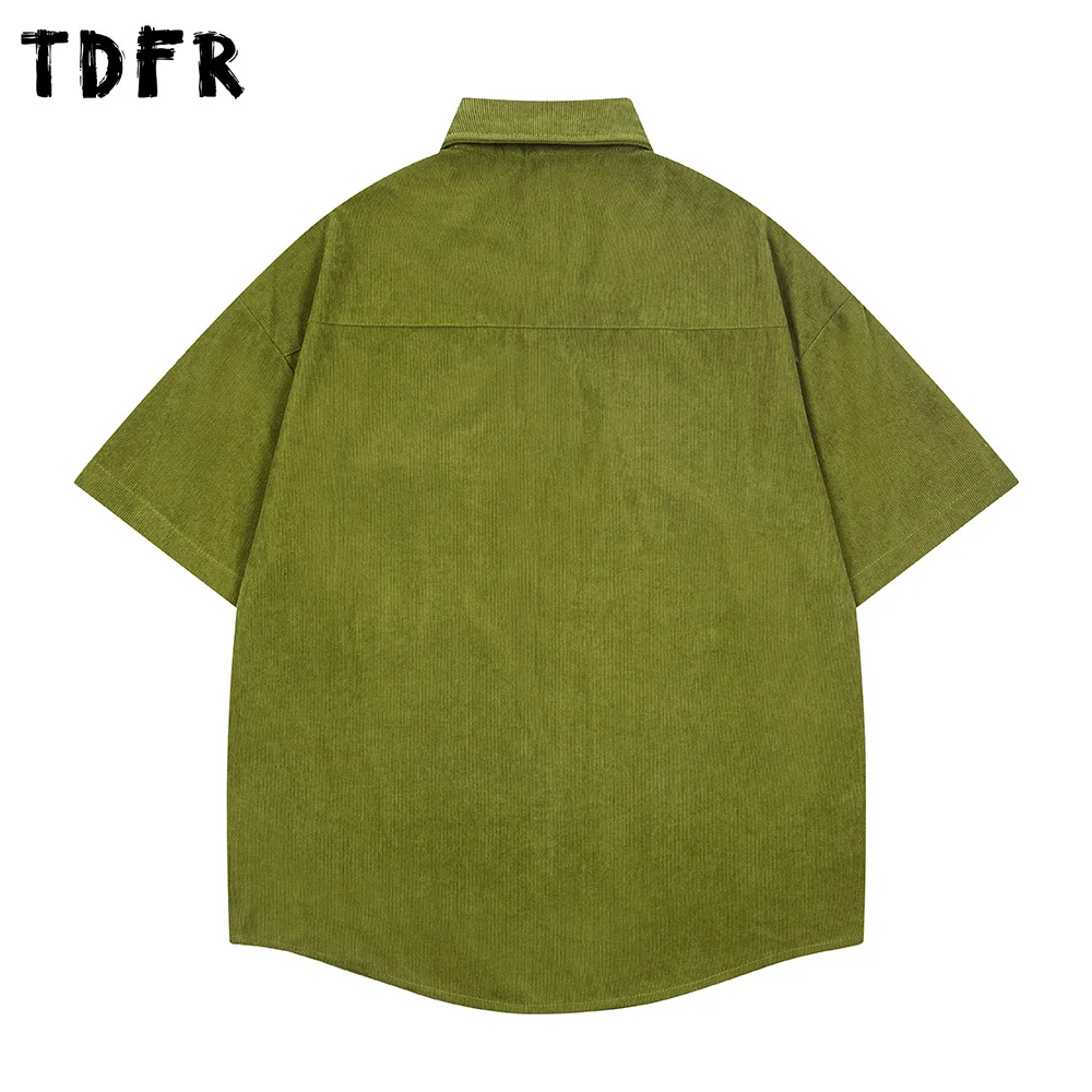 Pocket Corduroy Short Sleeve Shirts Mens Summer Retro Casual Loose Lapel Half-Sleeve Single Breasted Curved Hem Shirts Man
