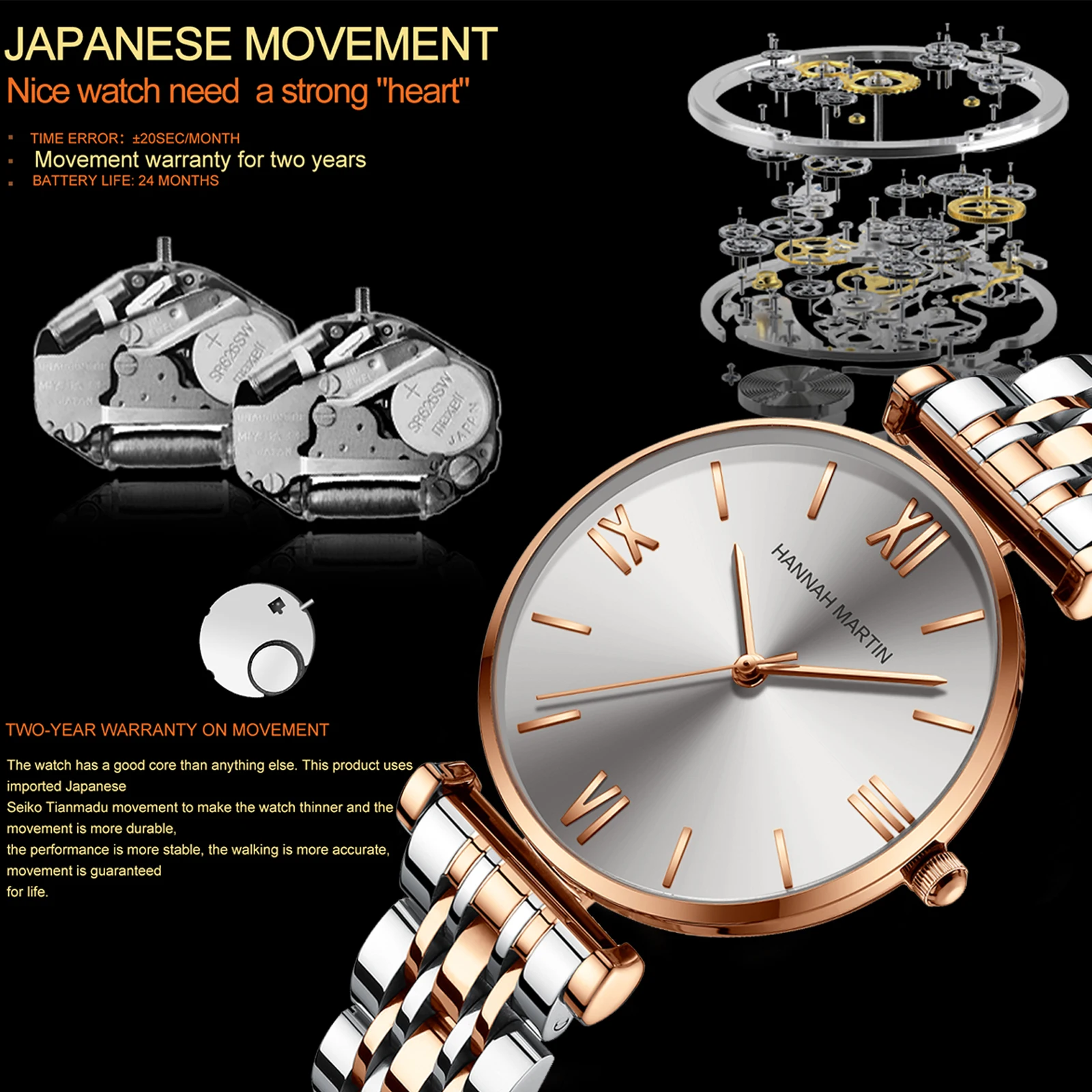 Luxury Fashion Rose Gold Stainless Steel Women Watch Elegent Japan Movement Quartz Wristwatch Simple Round Dial Waterproof Watch