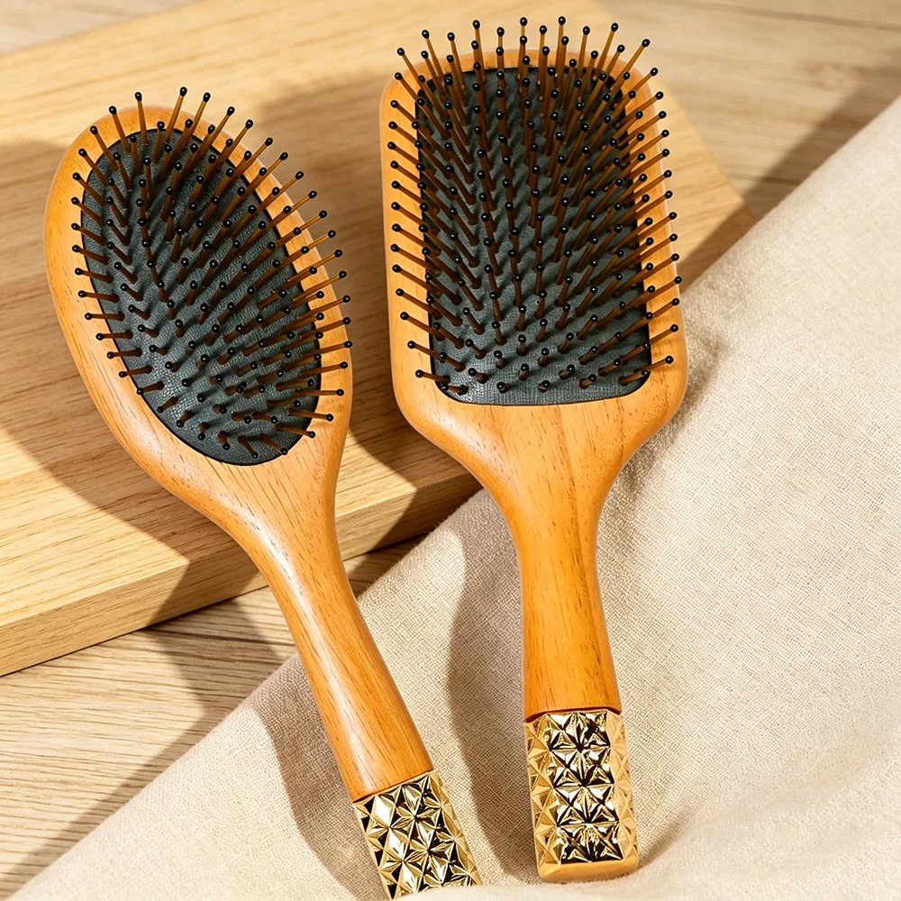 Cepillo de madera con almohadilla de aire y mango de madera natural, antiestático y desenredante, ideal para el peinado diario.