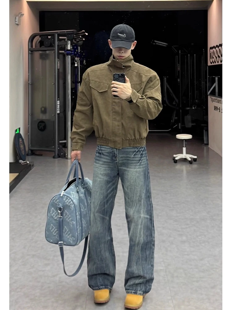 

American High Street Vibe Men's Slim Straight Jeans Waed Lightning Pattern CleanFit Flared Knife Casual Youth Jeans
