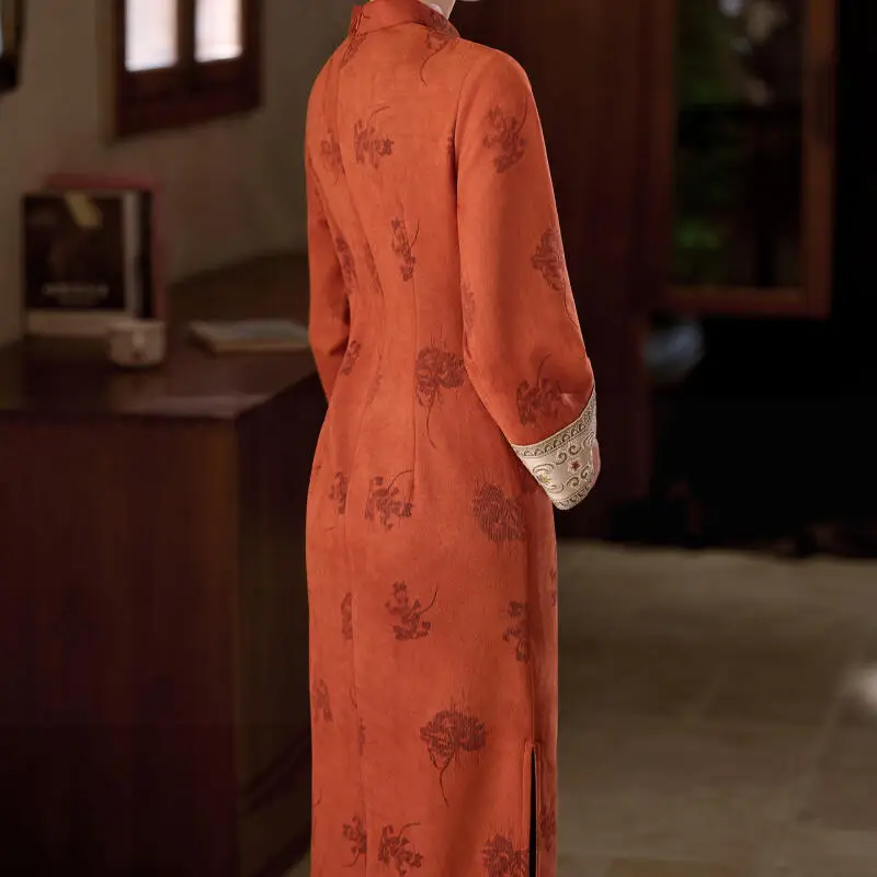 Improved New Chinese Style Dress Women Elegant Qipao Dress Suede Print Chesongam Flare Sleeve Hanfu Dress Lautumn Ong Vestidos