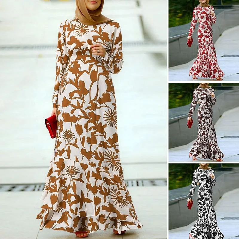 

2023 Hot Sale Abayat Muslim Abaya Femme Boho Print Ruffle Hem Elegant Islamic Women Dress for Middle East Arabian Turkey