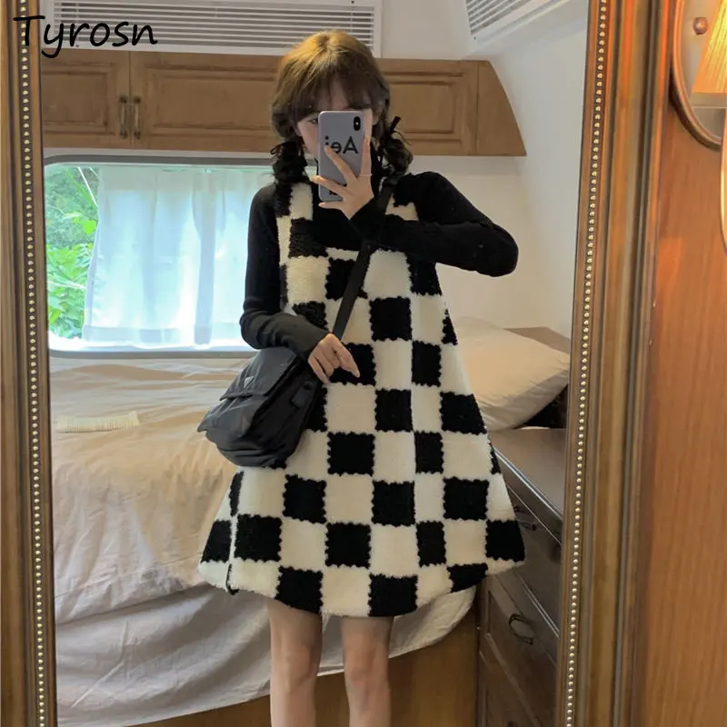 Thicken Dresses Sets Women 2pcs Simple Sweet Plaid Retro Autumn Turtleneck T-shirts Inside Ulzzang Students Preppy Mini Vestidos