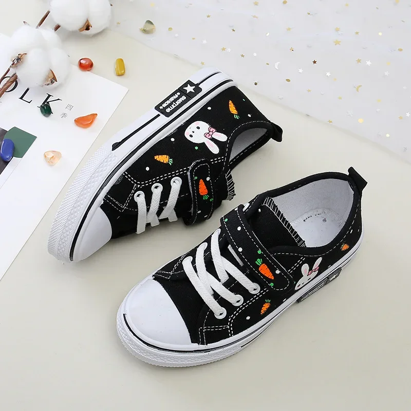 Cute Cartoon Rabbit Carrot Children Canvas Shoes Kids Fashion Sewing Thread Soft Thick Flat Bottomed Shoes Outdoor Solid Color