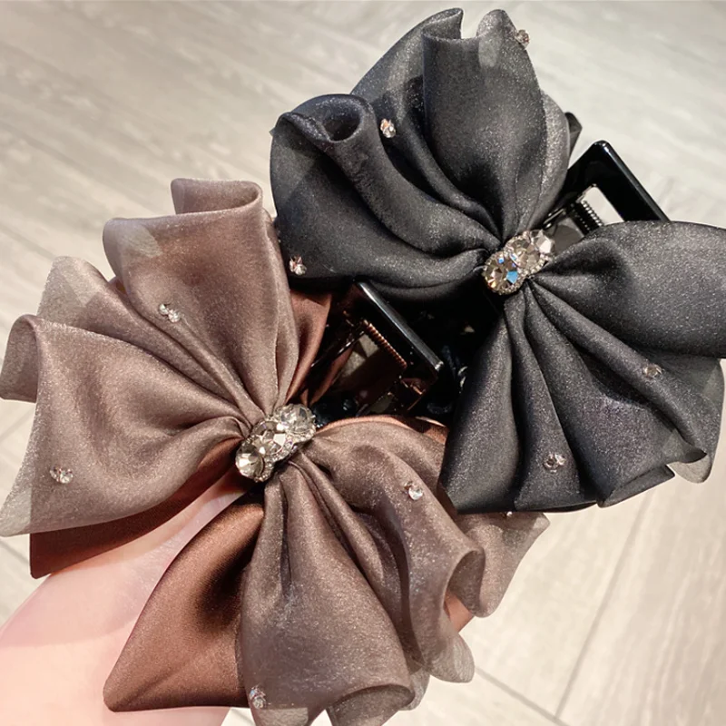 

French Mesh Diamond Bow Hair Clip for Women New Back Head Length Shark Clip Sweet Hair Claws Clip Accessories Hair Headband