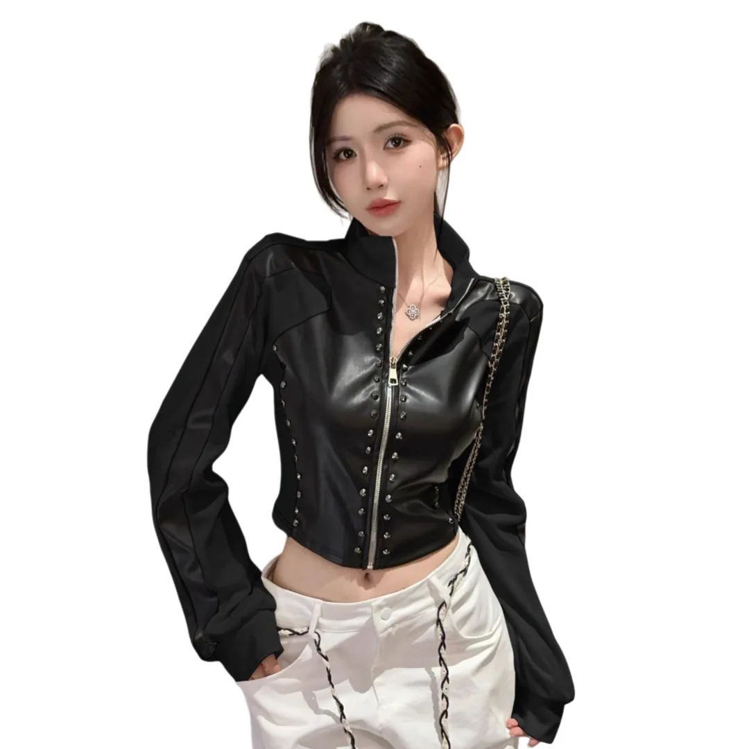 Women Crop Motorcycle Jacket 2025 Autumn Faux Leather Jacket Women's Stand Collar Ribbed Versatile Autumn Winter Cardigan