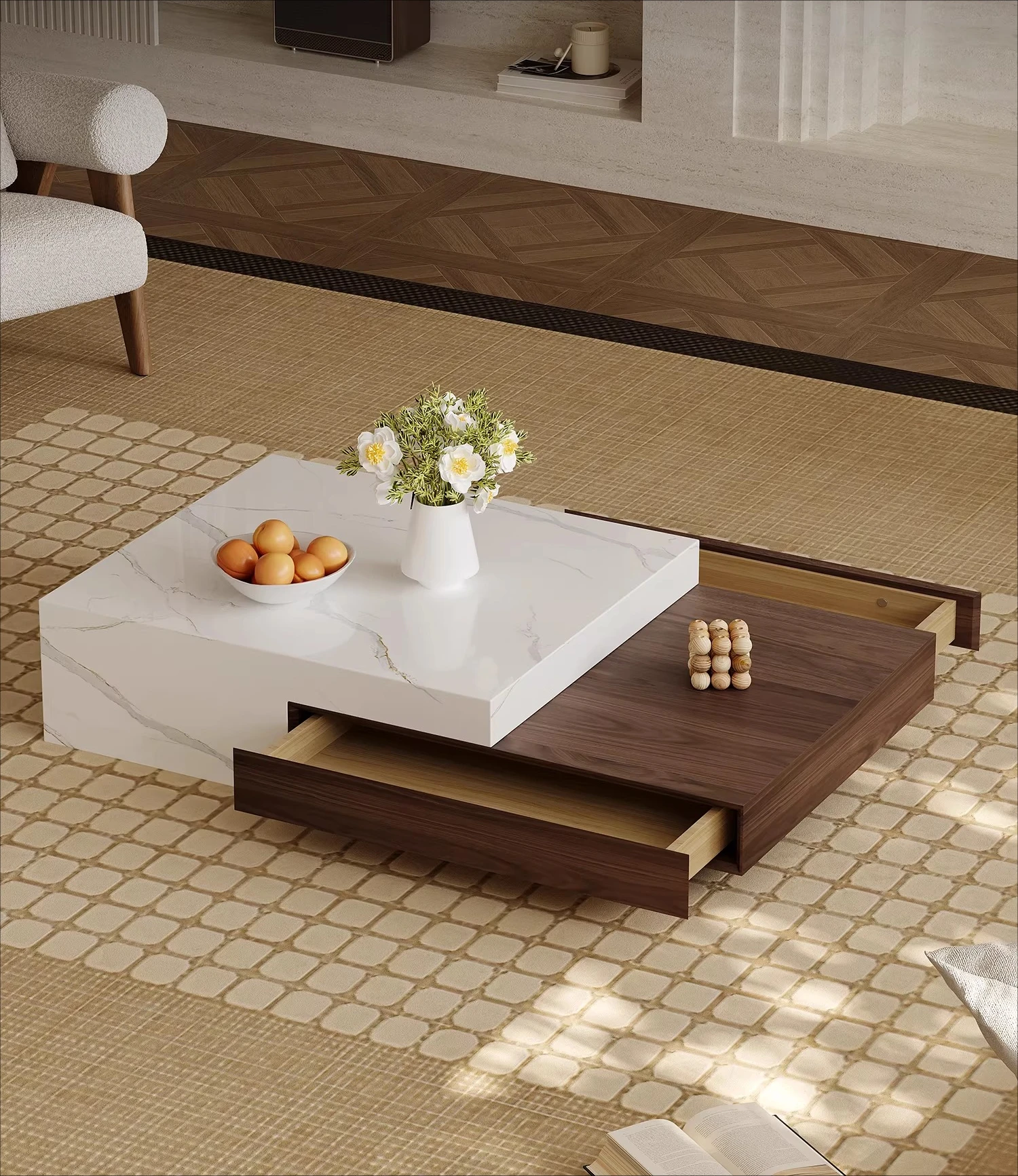 

rock slab coffee table rectangular retractable designer living room household small apartment high-end light luxury storage