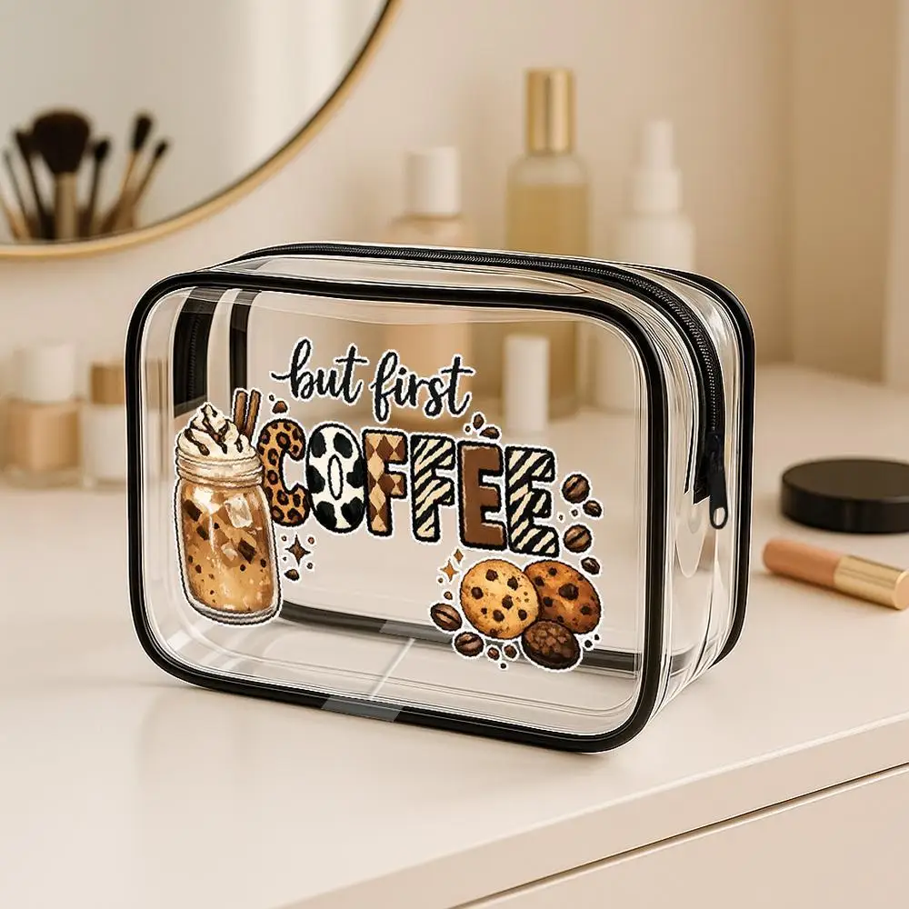 Toiletry Bag Coffee Graphic Iced Coffee Jar and Chocolate Chip Clear Zipper Makeup Bags Playful Animal Print Lettering Design