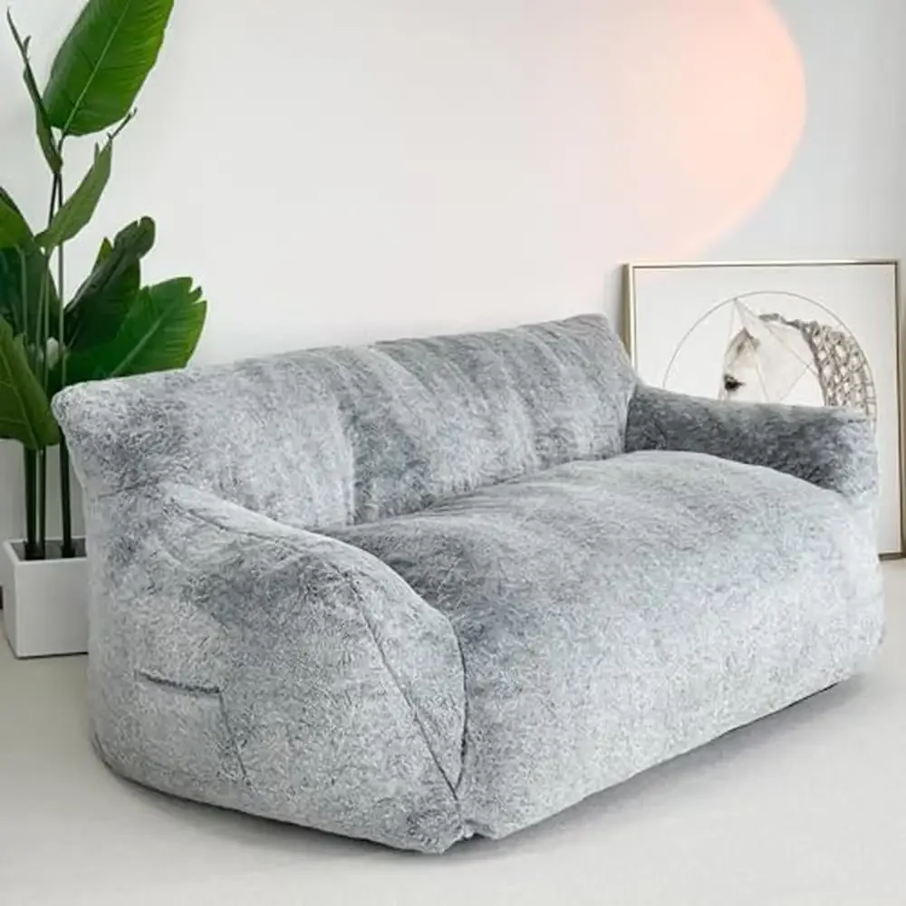 Memory Foam Filled Giant Bean Bag Sofa with Faux Fur Cover & Wide Armrests Durable Washable Floor Loveseat Adults in Living Room