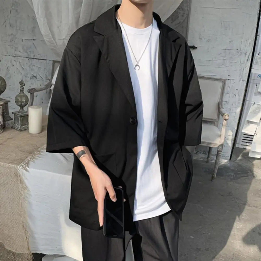 Men Suit Coat Solid Color Spring Summer Suit Jacket Single-Button Lapel Design 3/4 Sleeve Loose Fit Casual Business Outerwear