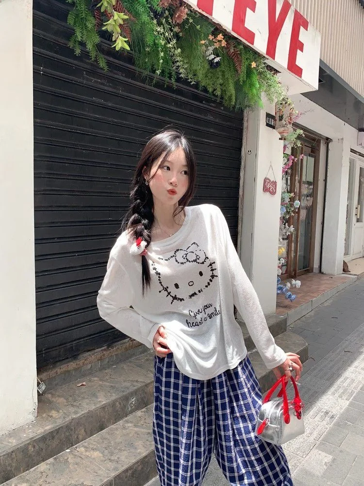 Zomer 2025, dames dunne lange Sve-pak, casual broek, blauwe geruite losse pasvorm, comfortabele polyestermix, woon-werkverkeer