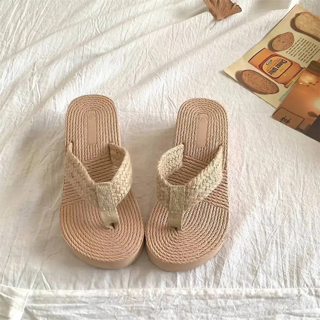 

2025 Summer Women's Girl Flip Flops Cotton-Linen INS Korean Vacation Style Thick Soled Anti Slip Sandals Beach Slippers