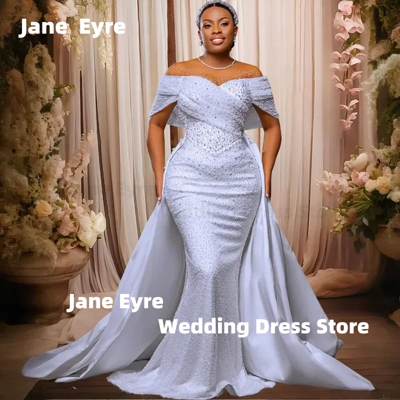 Jane Eyre Maßgeschneidertes 2026-elegantes Plus-Size-Meerjungfrau-Perlen-besticktes Hochzeits-Hut-Ärmel, abnehmbarer Zug, sexy Ball-Brautkleid