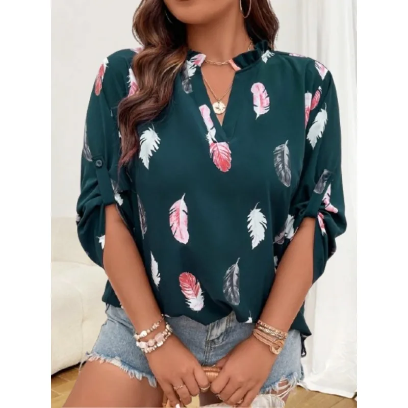 

Плюс размер 1XL-5XL летняя женская модная свободная повседневная рубашка с v-образным вырезом и длинными рукавами с принтом перьев