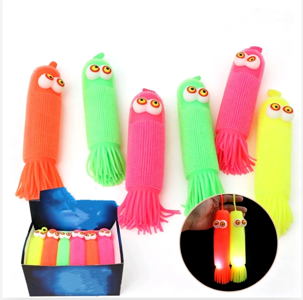 1 randomly colored glowing corn caterpillar octopus balloon toy, 23cm soft TPR sensory squeeze toy, foldable stress relieving