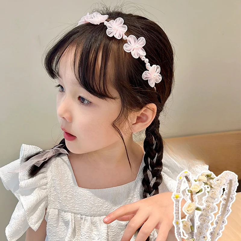 2023 New Baby Girls Princess Wreath Headdress Headbands Sweet Shiny Pearl Crystal Rhinestones Hairbands Kids Hair Accessories