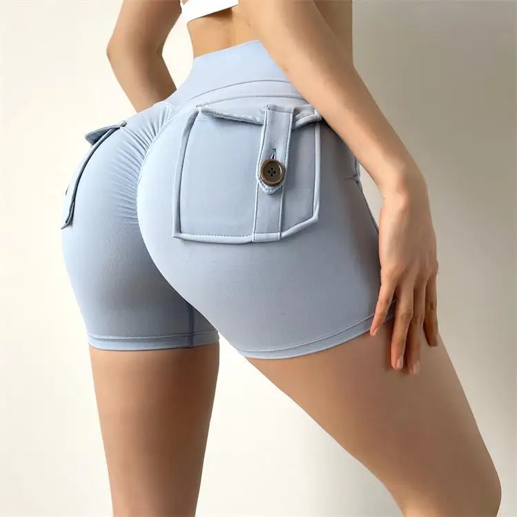 

Women Sports Yoga Pants Workwear Tight Shorts High Waist Elastic Hip Button Yoga Pants Quick-drying Running Fitness gym Pants