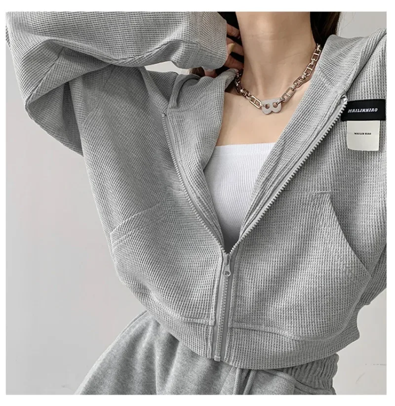 Short Zip Up Hoodie Sweatshirts Korean Fashion Long Sleeve Pocket Streetwear Clothes For Woman Y2k Solid Color Loose Spring Tops