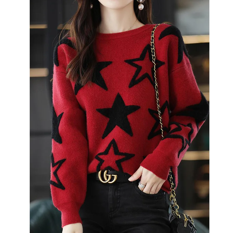 Autumn and Winter New Five Point Star O-Neck Pullover Bottom Sweater Women's Loose and Lazy Style Thickened Long Sleeve Knit Top