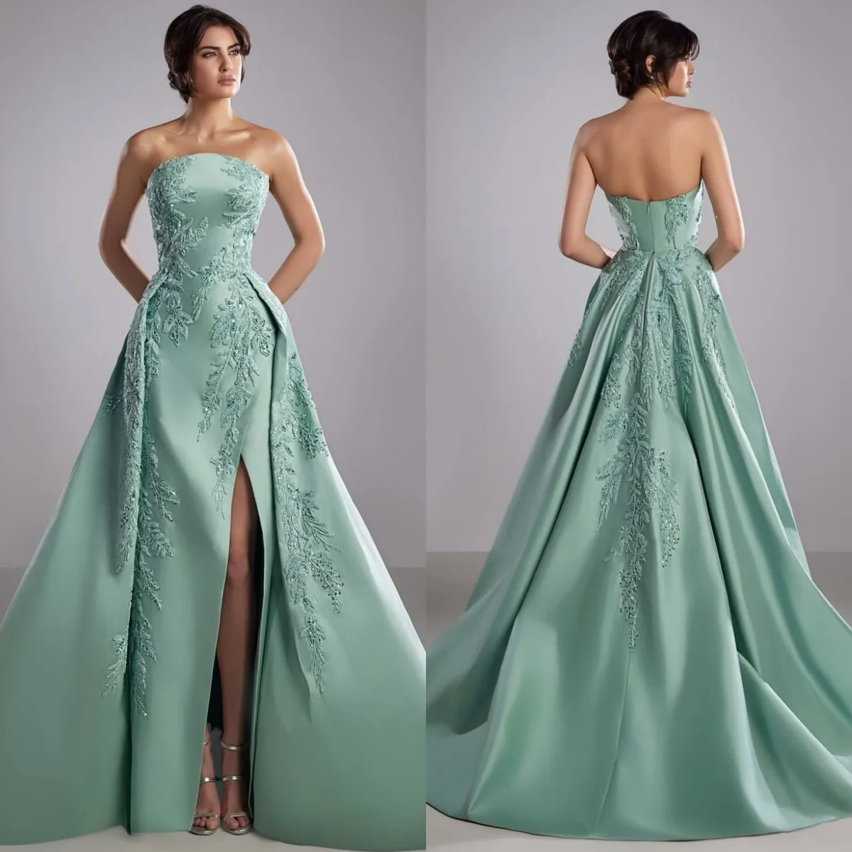 Vestido de novia sin tirantes con abertura frontal personalizado, verde, de alta calidad, encantador, para fiesta nupcial, vestidos para ocasiones a medida, bordado de satén