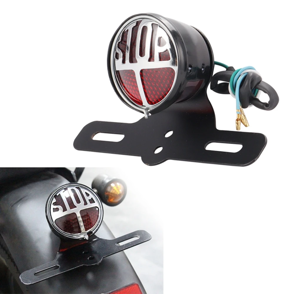

Motorcycle 12V Round Red Stop Vintage License Plate Mount Tail Light Brake Light Lamp for Harley Bobber Chopper Custom