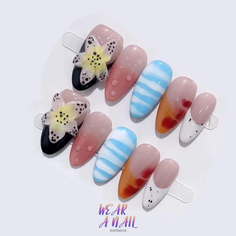 ﻿  Handmade 3D Flowers Orange Aurora Press on Nails Hand Painted Pearl Decor Long Almond Tender French European Wearable Nails