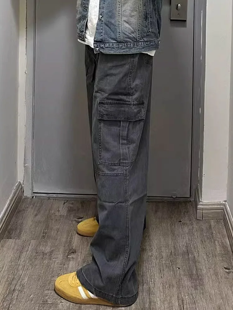 

American Retro Workwear Jeans Men's Autumn Winter Cleanfit High Street Large ket Straight Leg Wide Leg Pants