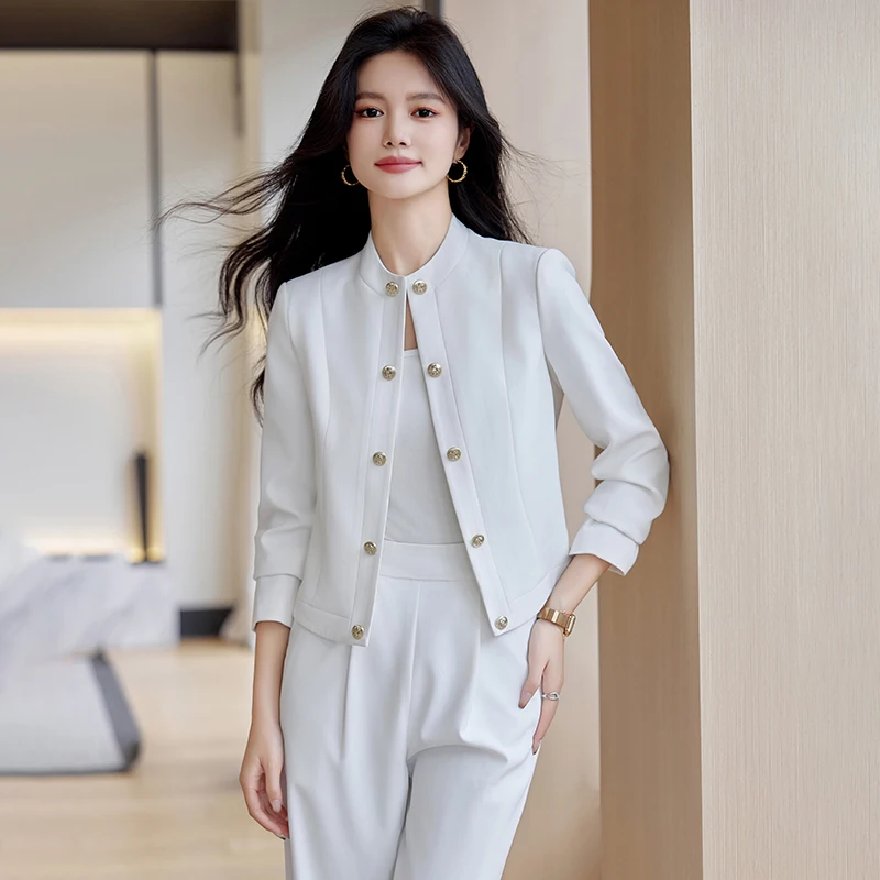 NAVIU Autumn Women\'s White Elegant Blazer Coat And Wide Legs Long Pants Black Two Piece Sets Female Outifits Fashion Casual Suit