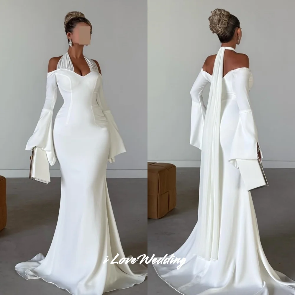 

White Halter Mermaid Prom Dresses Off the Shoulder Long Sleeve Sweep Train Wedding Party Dresses Floor-Length Pleated Customized