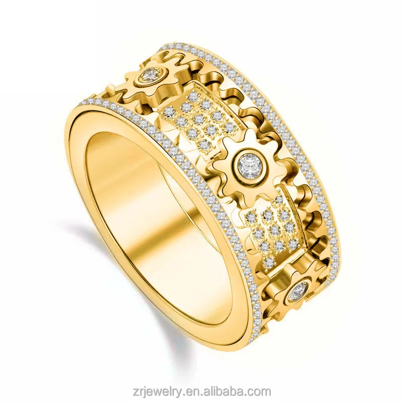 Plated Gold 18K 925 Sterling Silver Men's Fashion Ring Rotatable Full Set with Gemstone Cubic Zircon Rotatable Rings