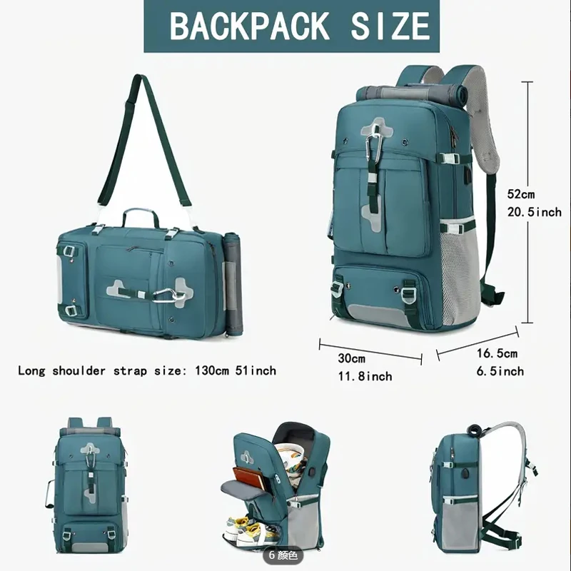 Sac de voyage sportif de 35 litres avec compartiment pour chaussures, compartiment pour ordinateur portable, sac à dos de randonnée en plein air, avec port USB, sac de voyage convertible