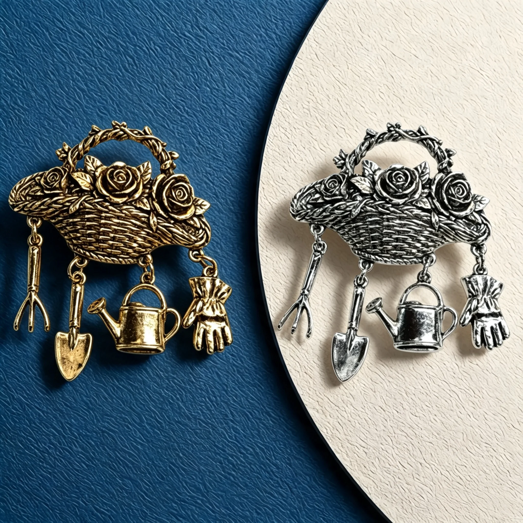 Essh&Pule Vintage Garden Basket Brooch Dangle Gardening Tool Charms Lapel Pin Delicate Craft Suit Accessory Men Women Jewelry