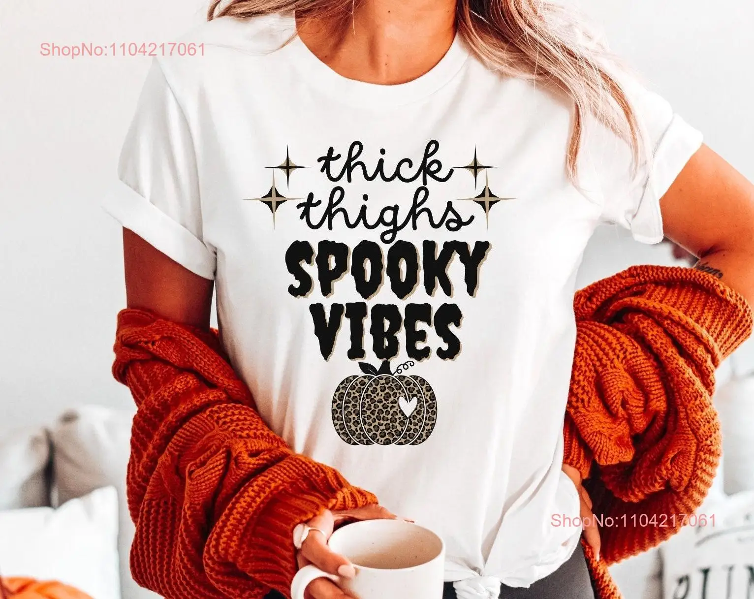 Thick Thighs Spooky Vibes Funny Women's Halloween T Shirt Fall long or short sleeves