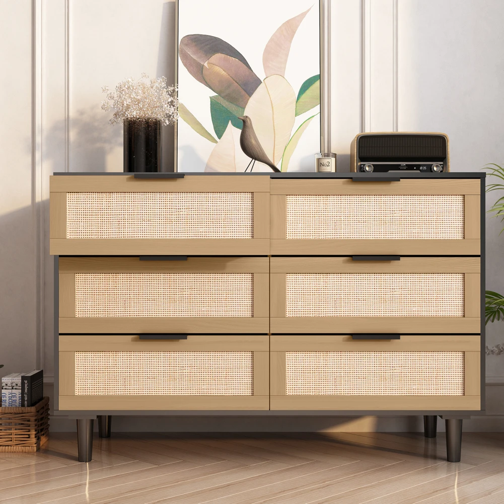 

Wood Storage Rattan Dresser With 6 Drawers Closet Dressers Chest Of Drawers For Home Office 43.31 x 15.75 x 29.45 Inch