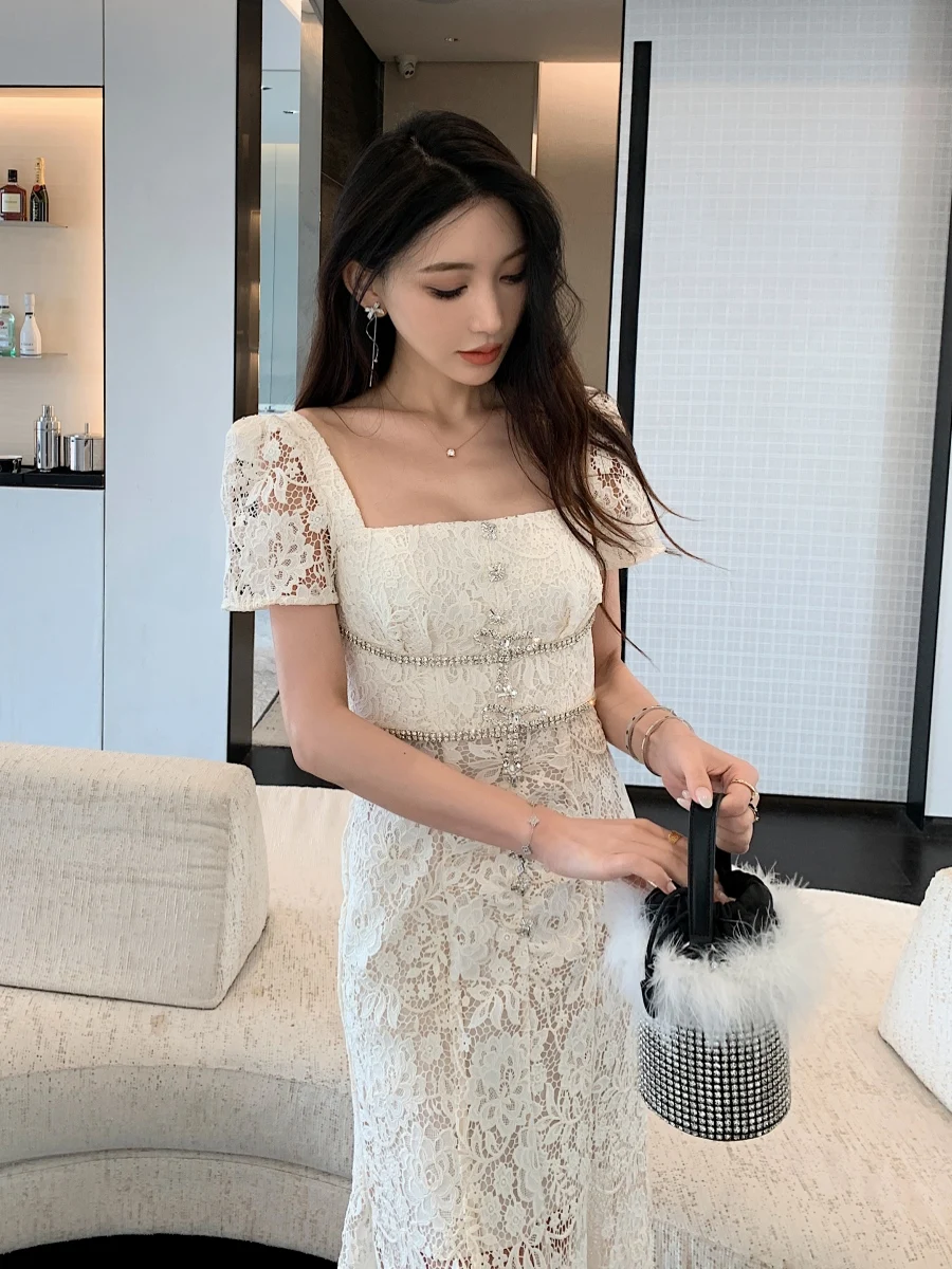 Fashion Square Collar Slim High Waist Dress for Women 2024 Summer New High-End Short-sleeve Elegant Lace Fishtail Long Dresses