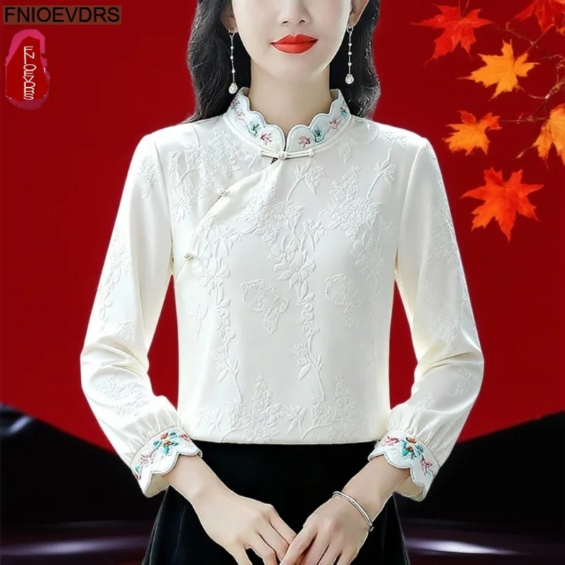 

Embroidery Warm Thick Tops Blouses New Year 2026 Spring Long Sleeve Flower Stand Collar Retro Vintage Top Velvet Shirts