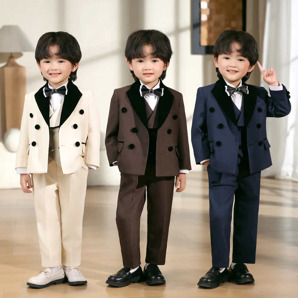Boys' Formal Suit Set British Children Performance Piano Host Birthday Photography Costume Kids Blazer Pants Bowtie Outfit