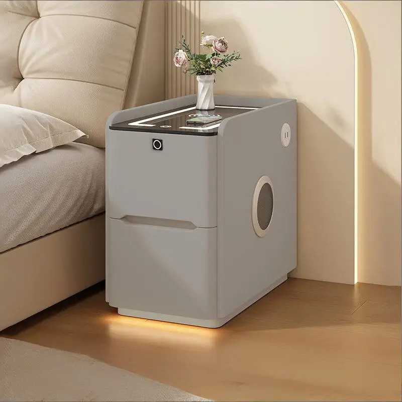 Smart Multi-functional Nightstand LED Light Wireless Charging USB Interface Storage Glass Top Wood Frame Ultra Narrow Modern