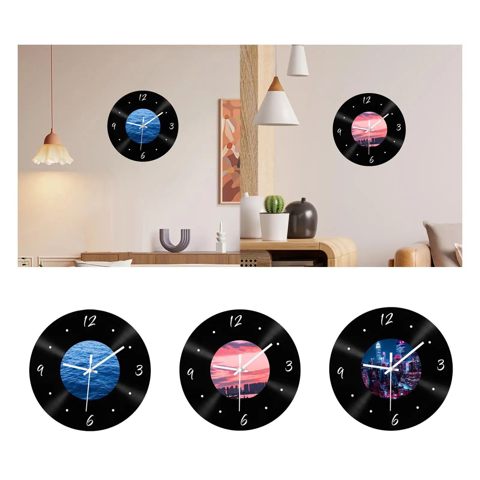 

Wall Clock Musical Black Vinyl Records No Ticking for Dining Room Hotel Bar
