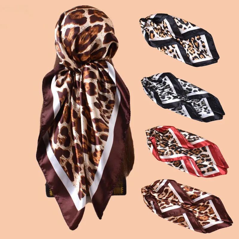 

Leopard Square Silk Scarf Women Luxury Design Satin Print Hijab Scarves Pareo Bandana Ladies Shawl Wrap Headband Foulard 90*90cm