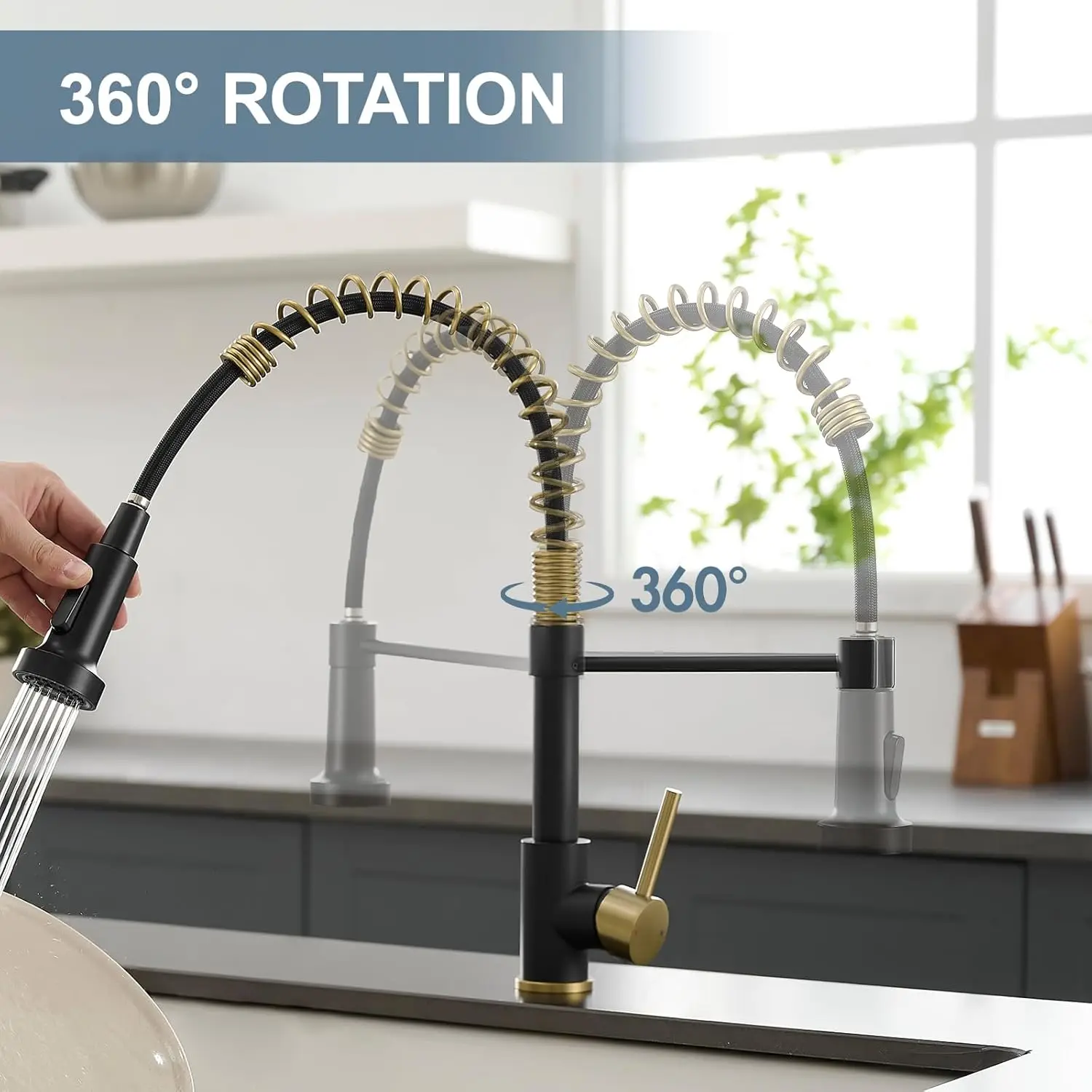 Robinet de cuisine noir mat, robinet de cuisine noir et or avec pulvérisateur extractible, robinet d'évier commercial à ressort à poignée unique