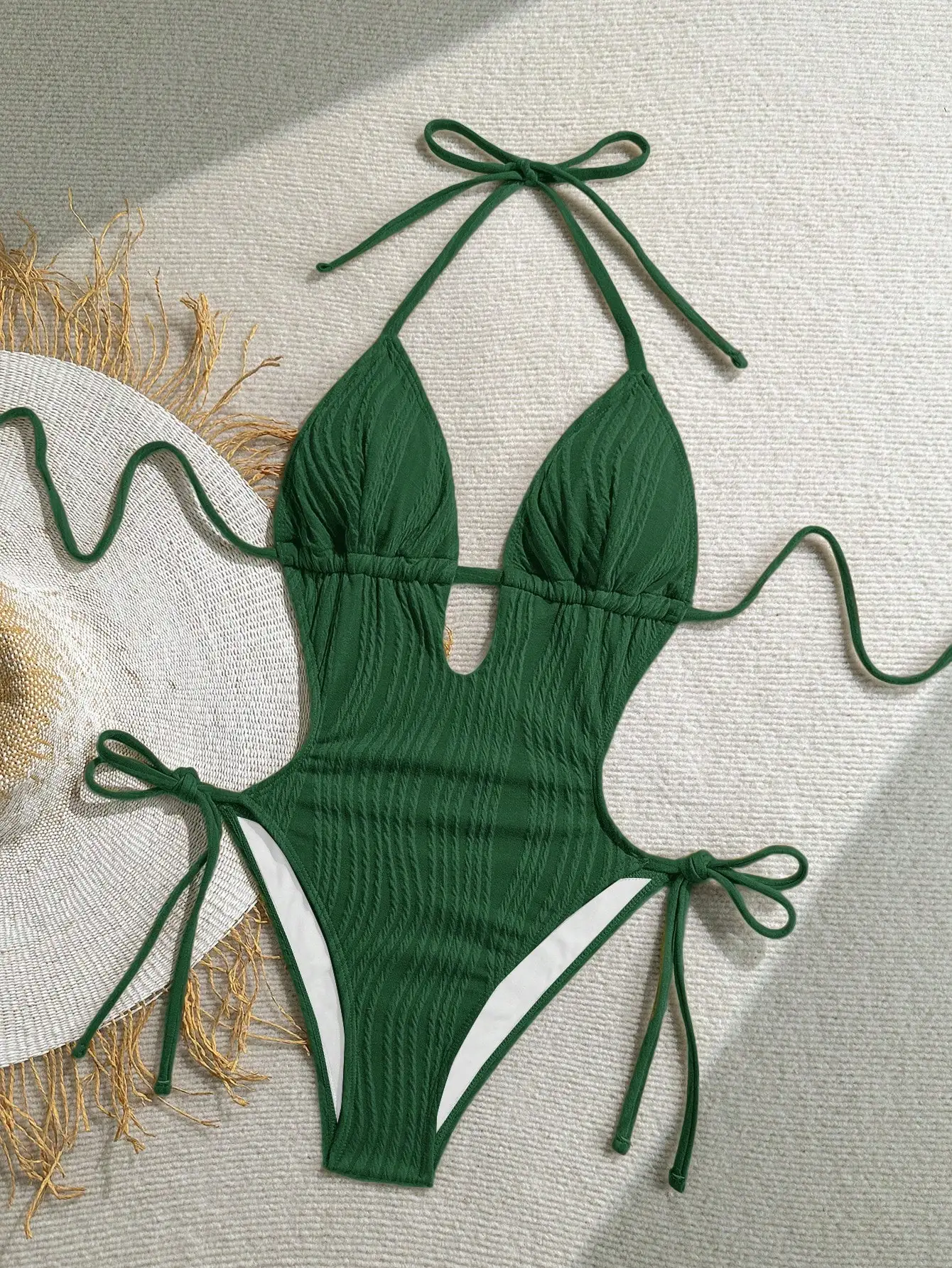 

Olive Green Knitted Jacquard Textured Halter One Piece Swimsuit Beach Vacation