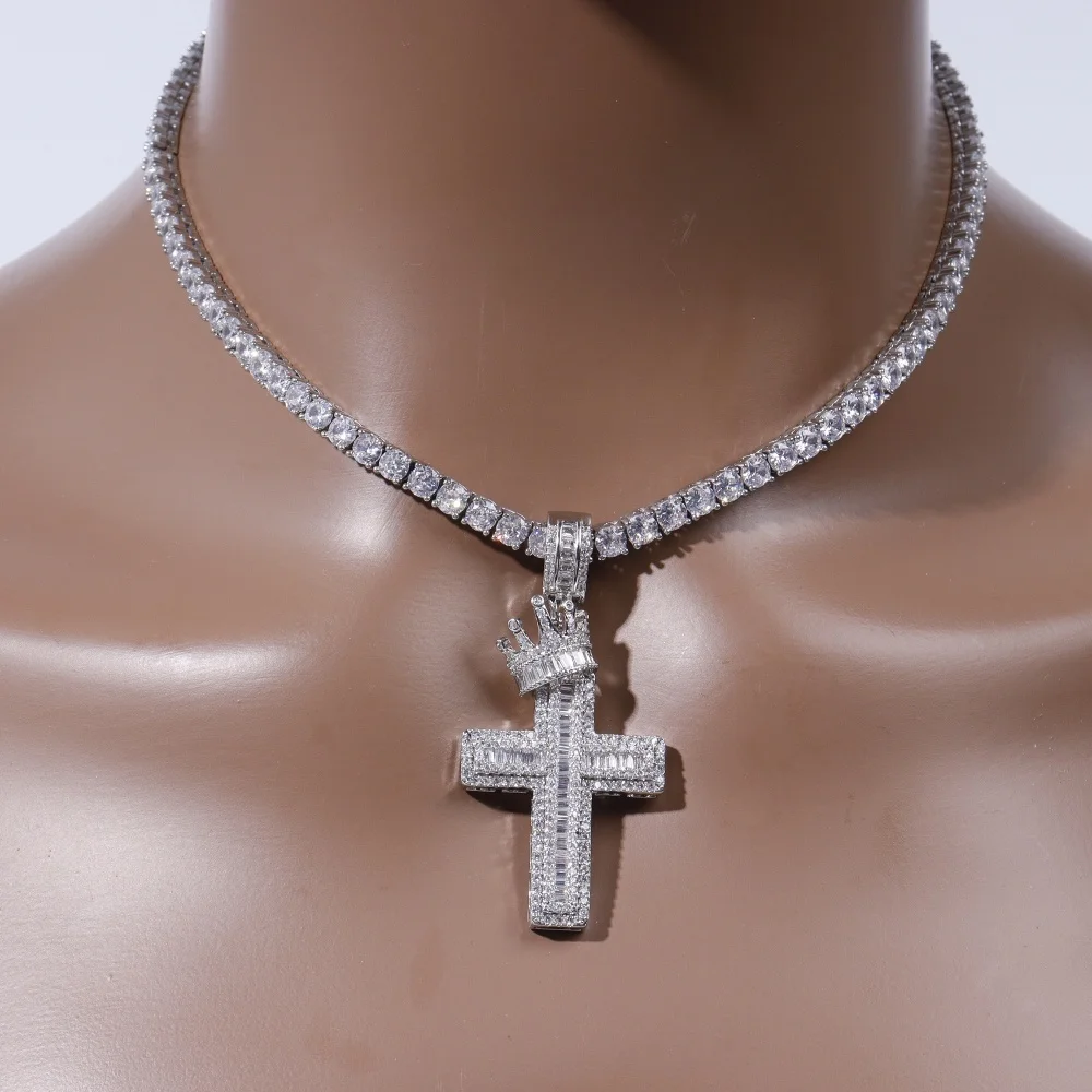 

New Hip Hop Rock Crown Cross Pendant Necklace CZ Stone Paved Iced Out Cross Necklaces For Men Men Rapper Jewelry Gifts
