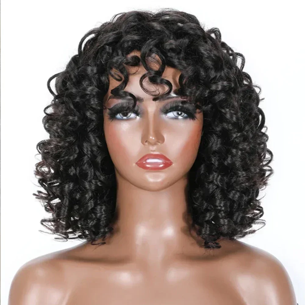 Peluca de cabello humano rizado corto y animoso con flequillo, pelucas de cabello humano rizadas Bob cortas sin pegamento, pelucas afro hechas a máquina para mujeres