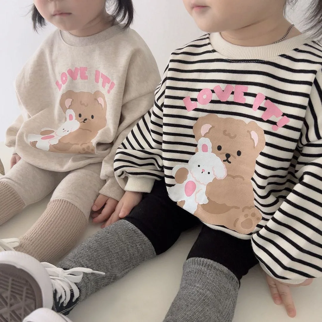 2024 Lente Nieuwe Baby Lange Mouw T-Shirts Mode Cartoon Print Baby Jongen Meisje Casual Sweatshirt Peuter Losse Gestreepte Tops