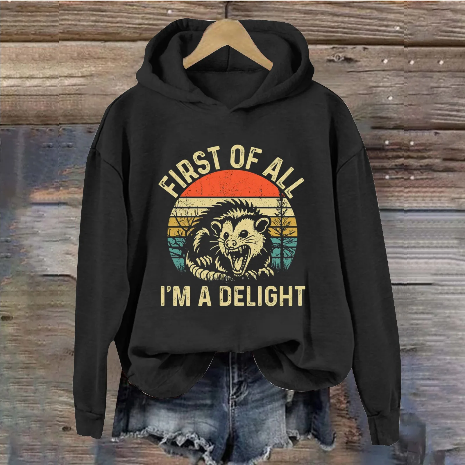 Vintage Y2k Sweater Drop Shoulder Long Sleeve Hooded Sweatshirt First Of All I'm A Delight Funny Roaring Mouse Graphic Hoodies