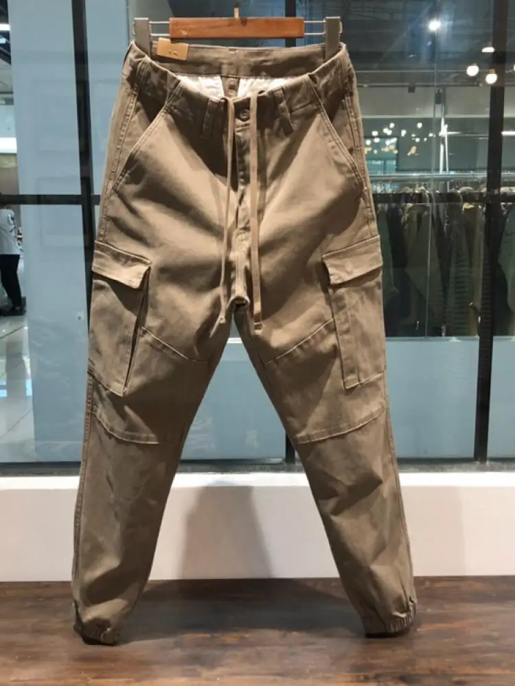 

Heavyweight American Casual Patchwork Pure Cotton Work Trousers Men's Cuffed Pants Military Green Work Long Trousers