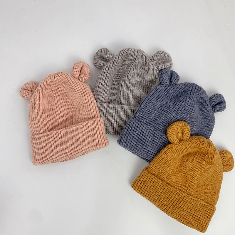 Cartoon Ear Baby Hat Winter Solid Color Warm Knitted Hats for Kids Boy Girl Cute Bear Infant Toddler Beanies Cap Bonnet 모자